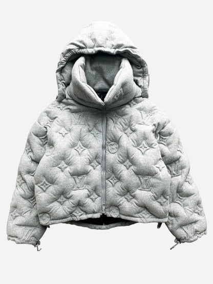 Grey Pattern Hood Puffer Jacket