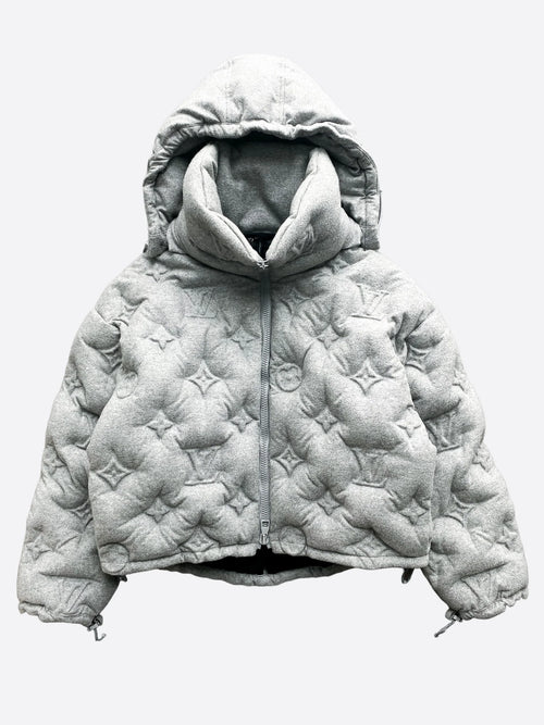 Grey Pattern Hood Puffer Jacket