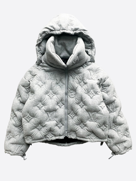 Grey Pattern Hood Puffer Jacket
